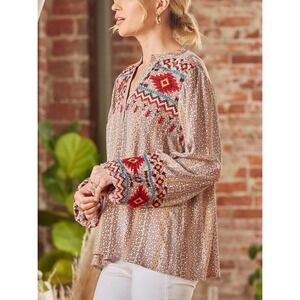 Savanna Jane Embroidered Blouse Aztec‎ Print Long Sleeve Top Size S